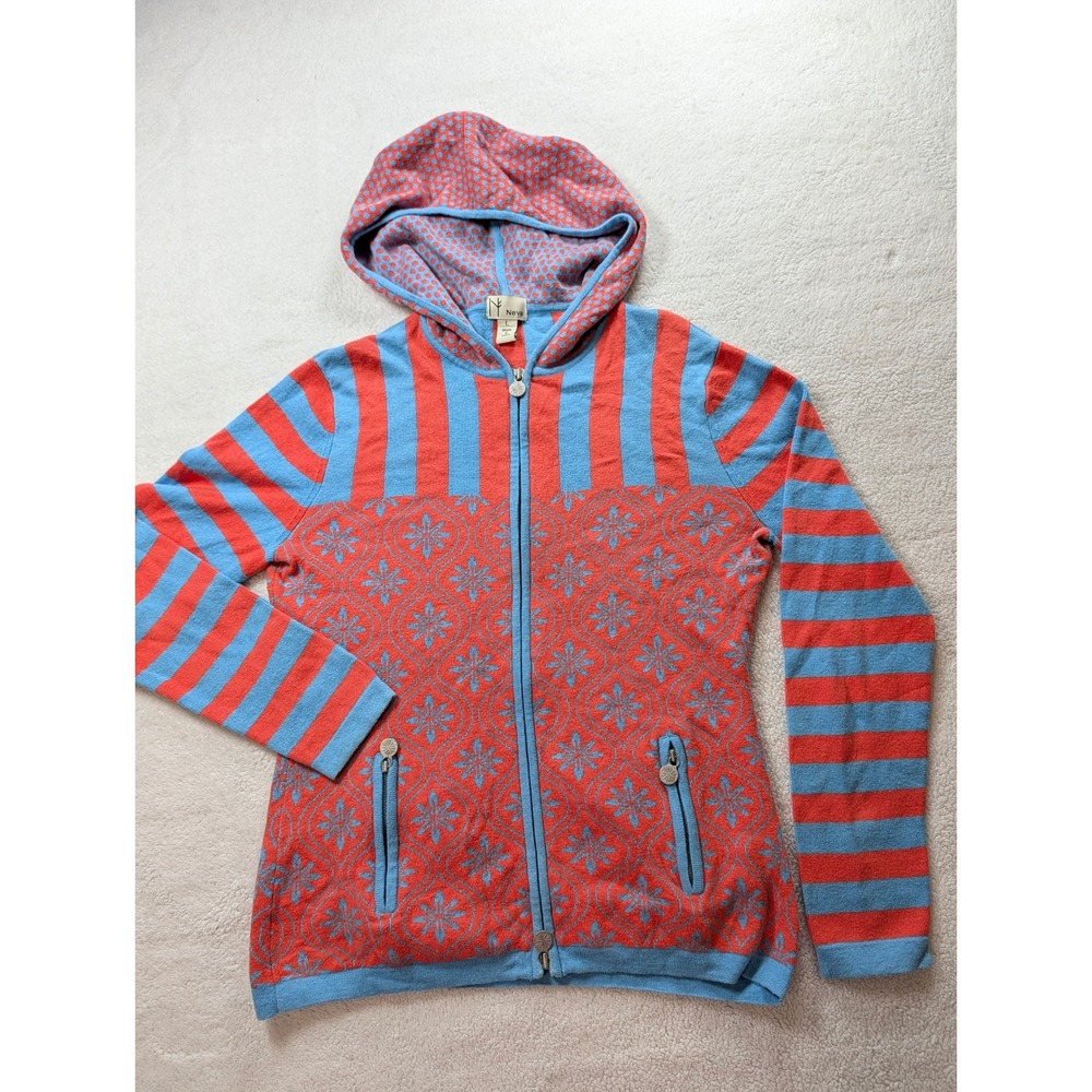 Neve Designs Womens L Blue Red Striped Floral Cotton Wool Full Zip Hood Sweater